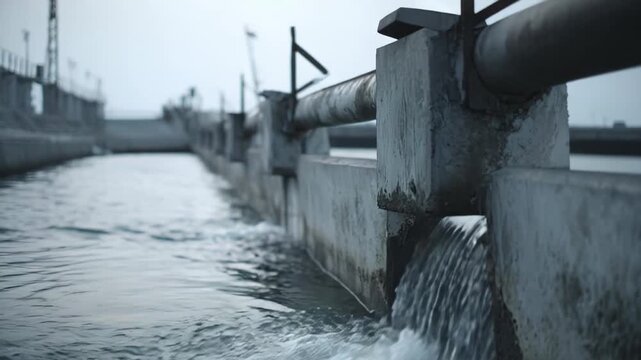 Water flowing forcefully through an industrial concrete channel, highlighting the essential infrastructure for water management and utility in a functional system
