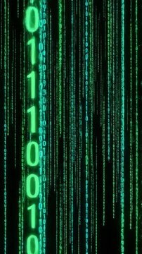 Futuristic Digital Rain Falling Green and Blue Binary Code on Black Background Perfect for Cybersecurity and Tech Backgrounds Vertical. Video. Portrait Orientation.