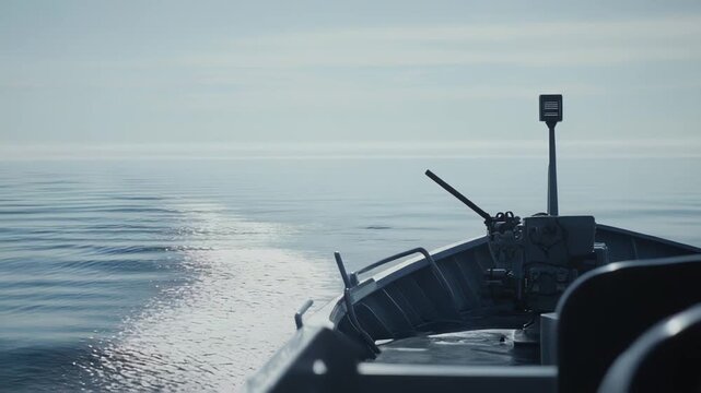 Military boat navigating a vast, calm ocean surface under clear skies, equipped with a machine gun, representing concepts of defense, security, and naval operations