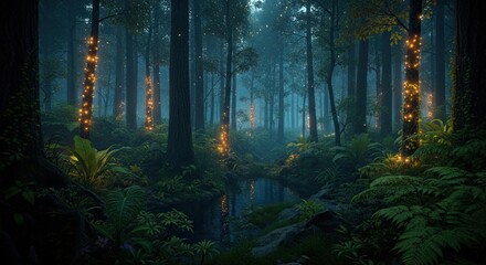 Fototapeta premium Enchanted forest scene with glowing lights and reflections in the water