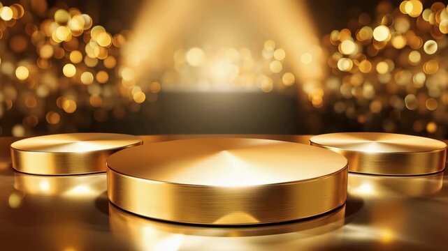 Golden podium stands ready for presentation in celebration space with bright lights and glowing background in the evening event