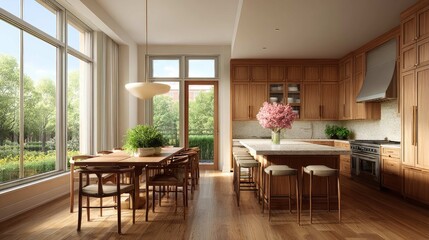 Fototapeta premium Modern kitchen and dining area with wooden cabinets, natural light, flower centerpiece, and spacious layout in bright space
