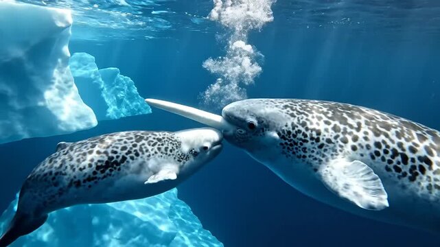 Narwhal Calf Nuzzles Mother's Tusk Underwater Amidst Ice