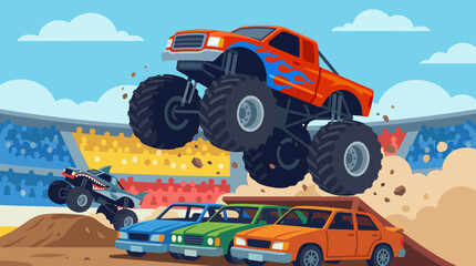 This artwork depicts an exciting monster truck showdown with trucks soaring over cars in a thrilling arena, emphasizing adrenaline and excitement in motorsport entertainment. © Zihang