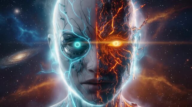 Abstract Duality: Human-Cyborg Face Split by Blue and Fiery Energy in Cosmic Universe