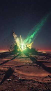 Dramatic Celestial Impact: Meteorite Strikes Barren Alien Planet with Fiery Explosion and Cosmic Dust
