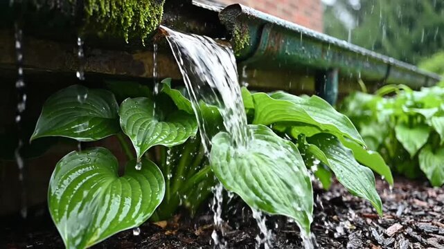 Rainwater flowing from a moss-covered gutter onto lush green hosta plants during a downpour in a garden