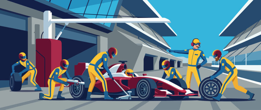 An illustration of a racing pit stop scene, showcasing a team efficiently changing tires on a race car, capturing the intense and fast-paced world of motorsports.