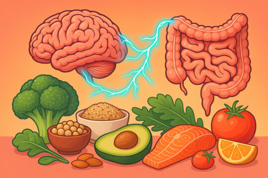 Healthy food diet for gut brain axis wellness. Anatomical intestines and brain connected by neural energy with nutrition from fish, vegetable, nut and fruit for mental health