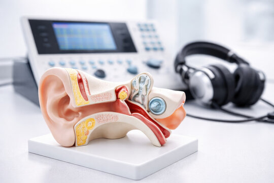Close up detailed inner ear anatomy model for hearing examination with an audiometer and headset in modern audiology laboratory showing professional, clinical setting