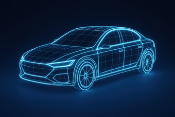 Fototapeta premium Futuristic electric car concept with glowing blue neon outline. An innovative autonomous vehicle design on dark background represents modern automotive technology and progress