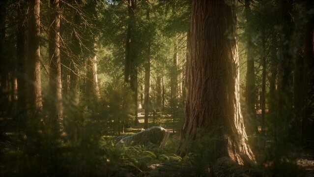 Sunlight shines through towering trees, casting soft shadows on the forest floor. Ferns and underbrush create a serene atmosphere in this peaceful woodland setting. Natural beauty abounds.
