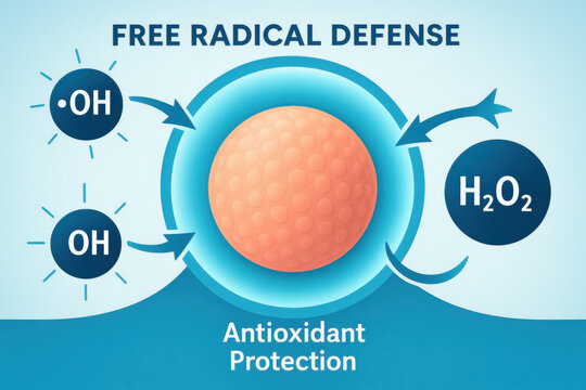 Medical illustration showing free radical defense concept. An antioxidant protection barrier shields cell from damage, key science for health and wellness