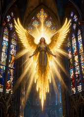Obraz premium Divine glowing angel with golden wings rising in heavenly sky
