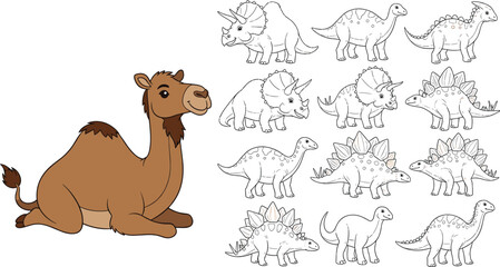 Camel and Dinosaur Characters in Various Poses for Kids' Illustration, Animal, and Fun Design Projects © Mrinal