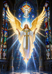 Obraz premium Divine glowing angel with golden wings rising in heavenly sky