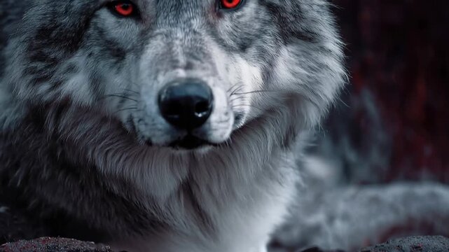 Wolf with red eyes rests on the ground in a natural setting during dusk or early evening light