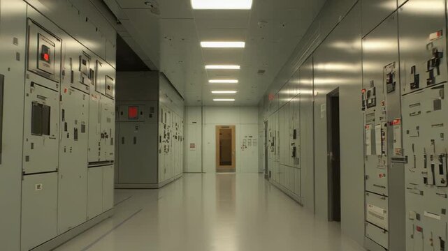Industrial facility hallway containing rows of control panels, electronic equipment, and server cabinets, representing critical infrastructure and advanced technology systems