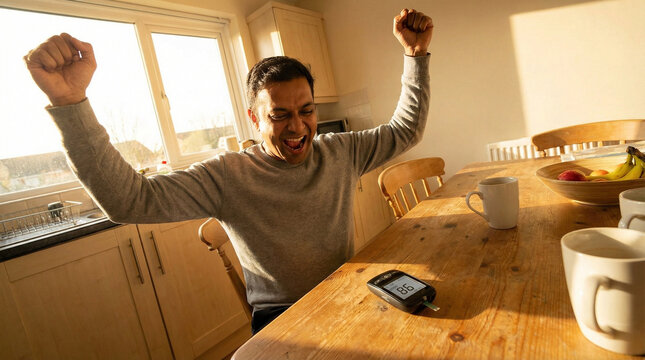 Joyful man celebrating in sunlit kitchen with diabetes blood sugar meter on wooden table, surrounded by mugs and fruit bowl