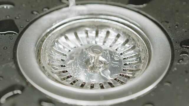 Close-Up Stainless Steel Kitchen Sink Drain With Water Drops, Strainer Plug And Wet Surface