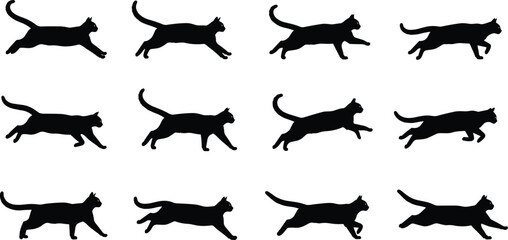 Cat silhouettes set isolated on white background, black domestic feline running and jumping vector illustration, diverse animal movement poses for professional graphic design projects. © MstAshida
