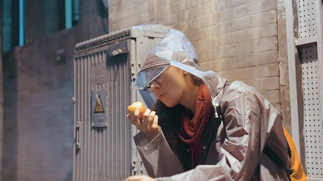 Alley food tasting asian woman curious, food blogger persona samples orange peel while seated on curb, closeup on hands and expression, warm streetlight and textured film grain, intimate urban moment