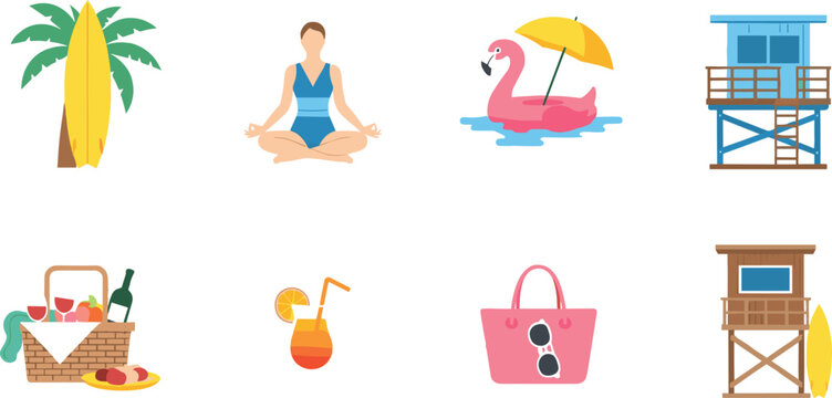 Summer Vacation Essentials Including Beach Palm Tree, Surfboard, Flamingo Float, Picnic Basket, and Relaxing on the Beach Icons