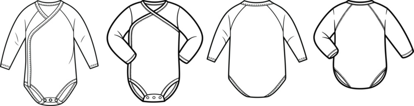 Baby bodysuit mockup set, front and back views, long sleeve infant onesie apparel template in clean line art style &ndash; vector illustration