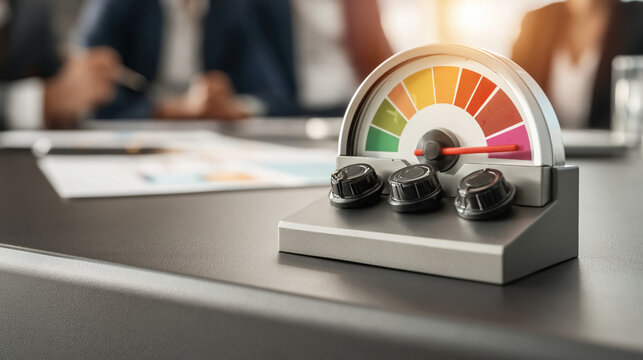 Business plan meeting gauge showing progress meter and team discussing strategy in office