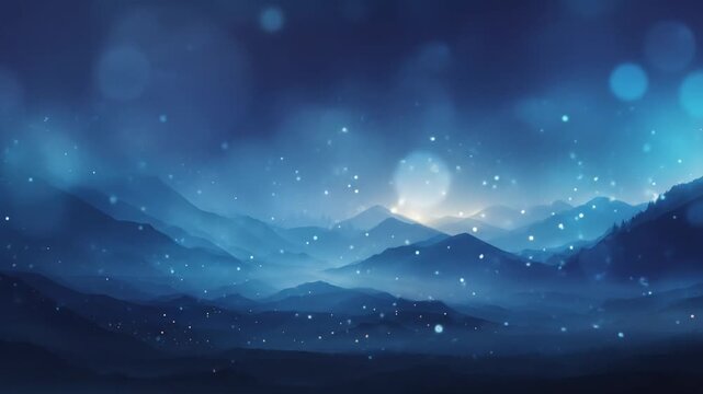 Blue mountain landscape with bokeh lights, ethereal atmosphere, serene and peaceful view