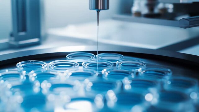 Scientific robotic arm performing precise liquid handling into multiple petri dishes for research, innovation, and pharmaceutical development in a modern lab environment