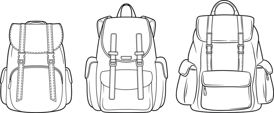 Backpack collection set, modern school and travel bags, front views with straps and pockets, detailed templates &ndash; vector illustration