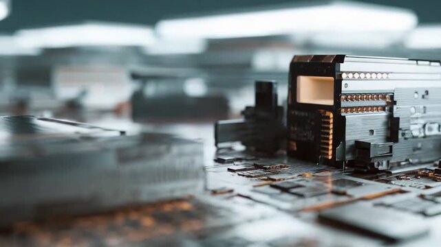 Complex computer circuit board with illuminated microchips and electronic components creating advanced computing infrastructure for data processing and technology
