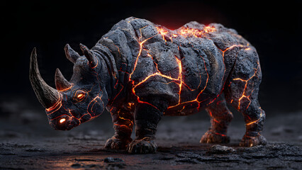 Fototapeta premium Futuristic lava rhinoceros with glowing cracks in dark setting