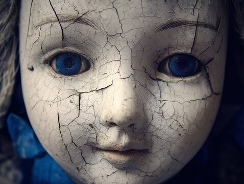 Cracked doll face with blue eyes in closeup portrait