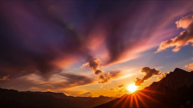 Low angle timelapse sun on blue sky concept. Dramatic sunset with golden clouds over mountain landscape and vibrant sky