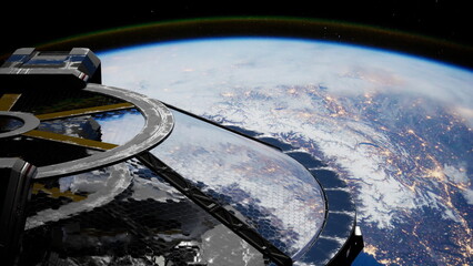 scientific laboratory constructed from metal and glass, resembling a spacecraft, spinning around the planet. elements furnished by nasa © icetray