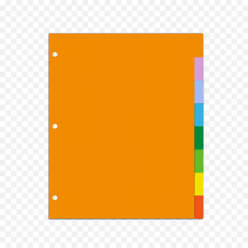 Hole punched clear color plastic index dividers for three ring binder. Realistic 3d vector mock-up. Multicolor PVC page tab label stack block. Easy editable mockup. Template for design