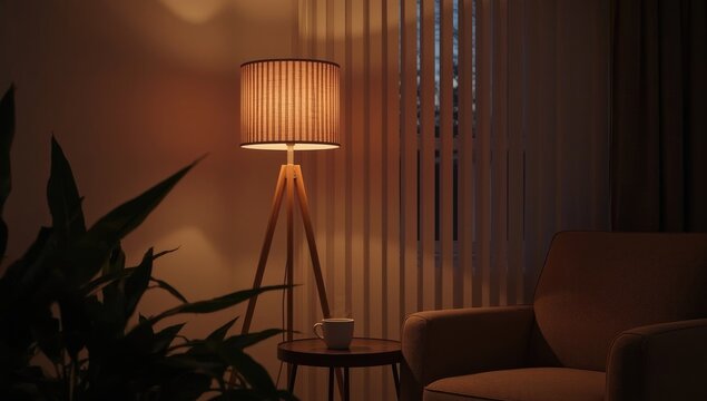 Warm living room with lamp on.