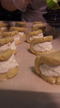 A girl cooks pies with cottage cheese . Vertical video about homemade pastries, cooking and confectionery