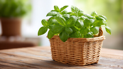 Naklejka premium Fresh green basil plant in a woven basket on a wooden table, with soft natural light. Perfect for kitchen decor, healthy lifestyle, and organic cooking themes. 