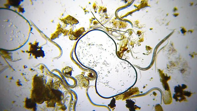 Large number of nematodes slowly moving under 100x bright field microscopy. 4K scientific microscopy footage.