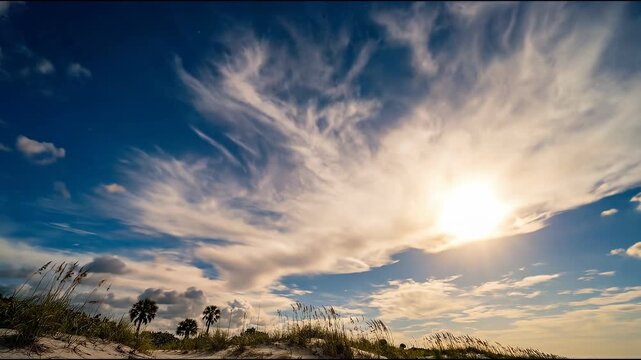 Low angle timelapse sun on blue sky concept. Bright sunny sky over beach grass and palm trees with dramatic cloud formations on a clear day