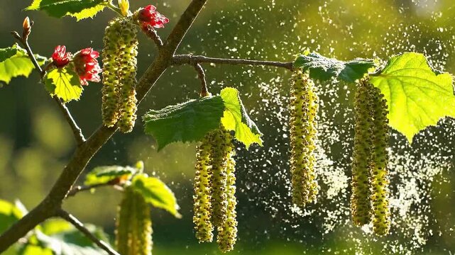 Hazelnut tree blooming in spring, close-up of flowering hazel branches outdoors, 4K UHD.