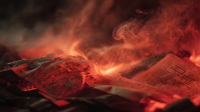 Stack of travel tickets and boarding passes burning on a suitcase, destinations visible as flames erase journey traces