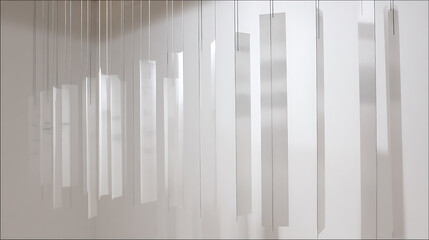 Fototapeta premium Abstract minimalist art installation with white rectangular panels hang from thin lines, creating soft shadows and a sense of movement in modern decor