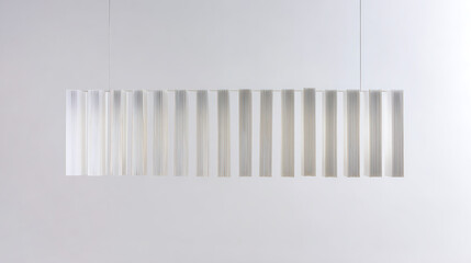 Fototapeta premium Modern linear pendant light with translucent vertical elements, creating a minimalist aesthetic against a clean white background in a studio shot