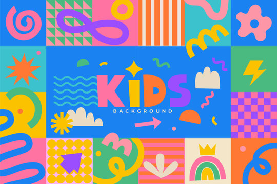 Kids background, fun hand drawn doodle shapes and squiggles in childish style on geometric background. Colorful drawings, collage elements. Childish design for packaging, wallpaper and print. Vector