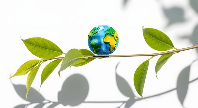 A vibrant easter egg globe perched on a leafy branch with shadows