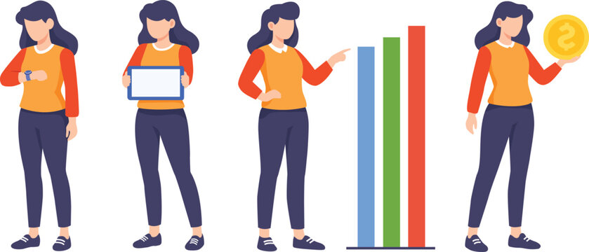 Business woman pointing at bar chart, holding coin finance & notebook, looking at clock, trendy flat style, vector illustration isolated on white background